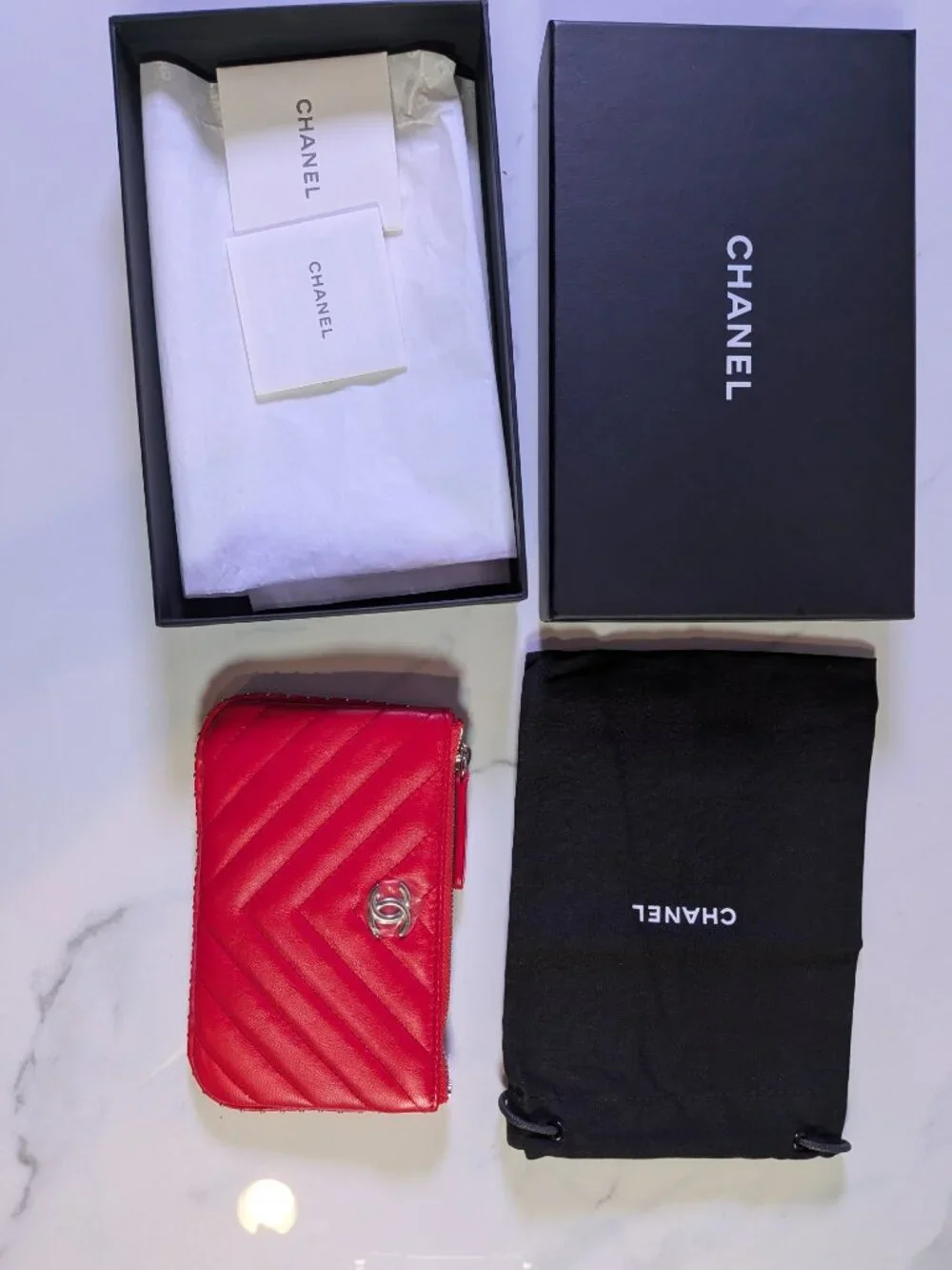 CHANEL Mini O-Case Zip Pouch — Red Chevron Quilted Lambskin, Studded Trim